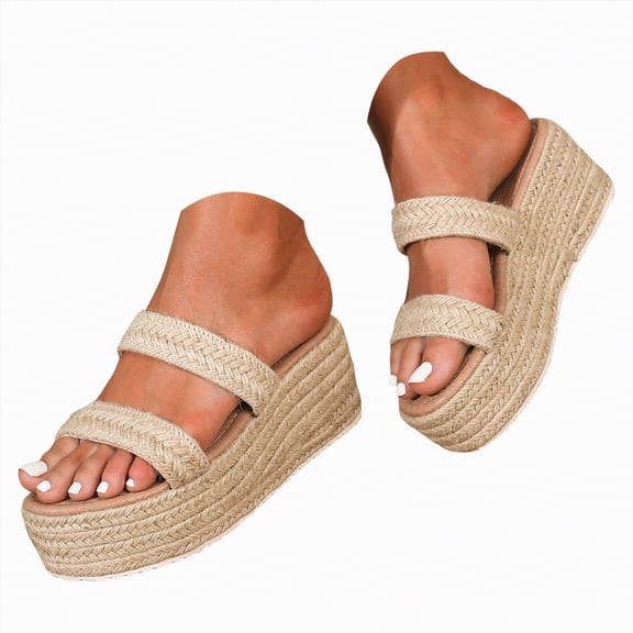 Rotm Beach Comfortable Sandals Women's Platform Wedge Sandals, Comfortable Peep-Toe Cork Casual & Dressy Summer Lightweight Shoes Beige,7
