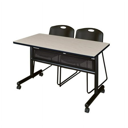 UPC: 0192357009161 | 48  x 24  Flip Top Mobile Training Table w/ Divider- Maple & 2 Stack Chairs