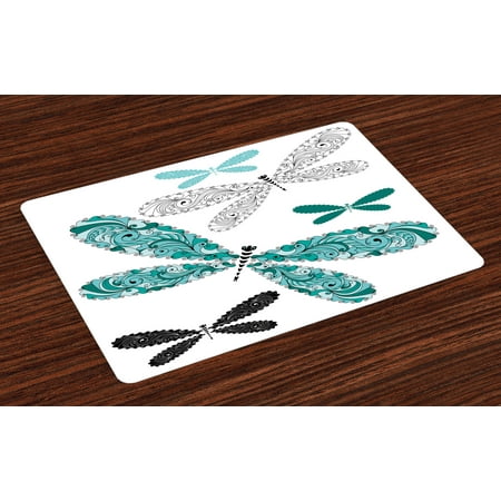 Dragonfly Placemats Set of 4 Ornamental Dragonfly Figures with Lace and Damask Effects Artsy Image, Washable Fabric Place Mats for Dining Room Kitchen Table Decor,Teal Turquoise Black, by Ambesonne