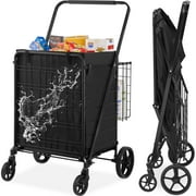 BENTISM Folding Shopping Cart 330lbs Heavy Duty Rolling Grocery Cart with Water Resistant Removable Bag Double Baskets Utility Trolley for Groceries, Laundry, Pantry, Garage Black
