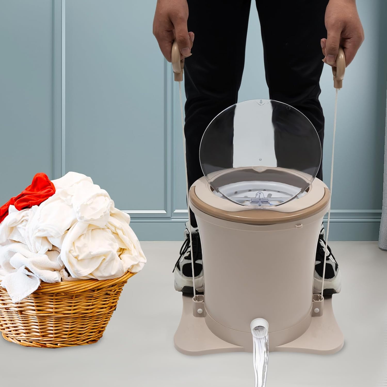 Manual Clothes Dryer Portable Mini Dryer Foot Powered Compact Spin Dryer Machine Non Electric Laundry Dryer for RV Camping Apartment Dorm(Khaki)