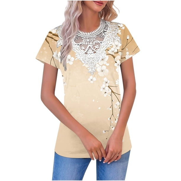 V Cuello Manga Corta Tops para las Mujeres Casual Botón Impresión Blusa de la Moda de Verano Tee, Ligero Mujer de Verano Tops