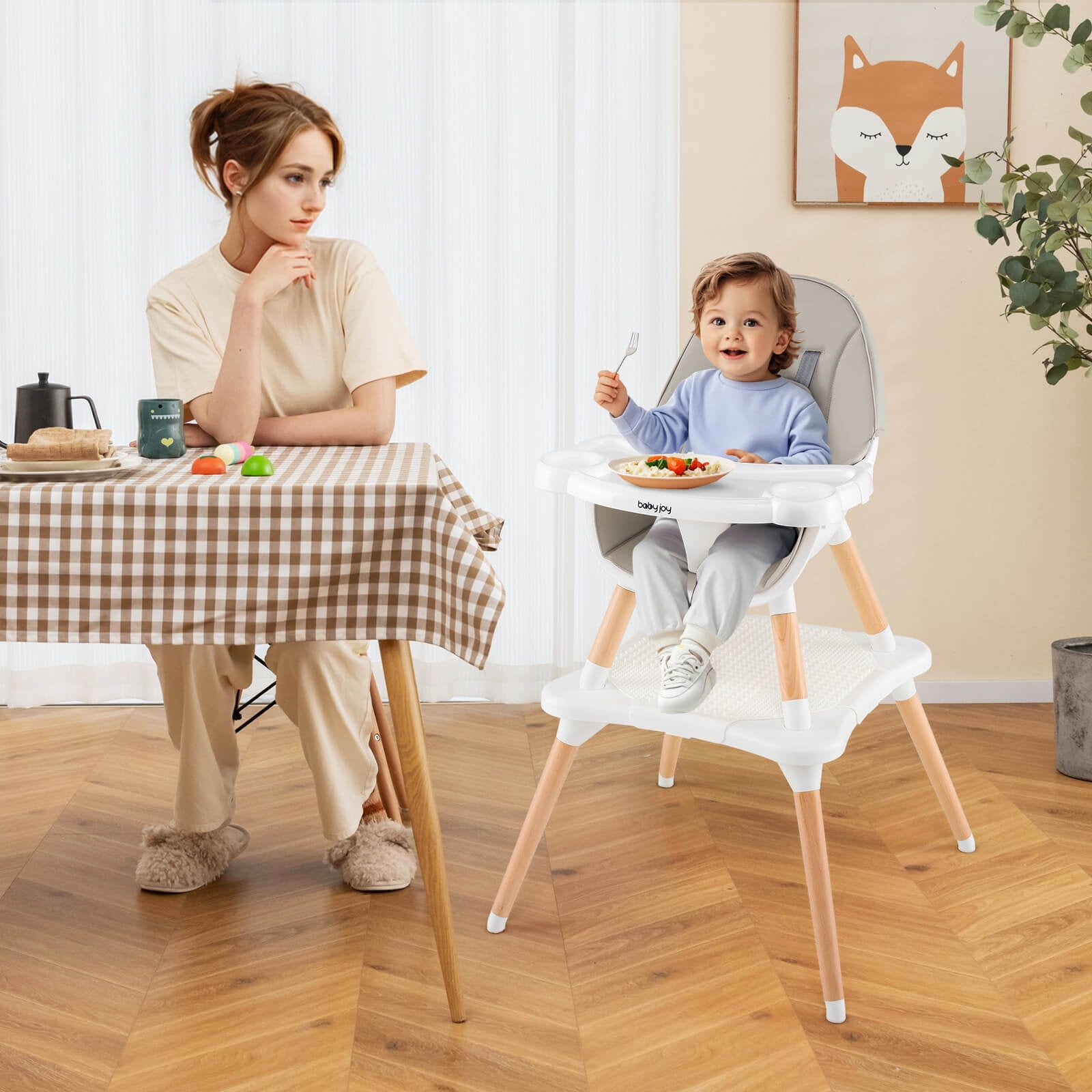 Costway 6-in-1 Baby High Chair Infant Wooden Convertible Chair with Building Block Table Gray