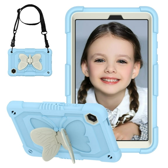 Compatible with Samsung Galaxy Tab A9 8.7" 2023 SM-X110 / SM-X115, Case for Kids Boy Girl Gift, Cute Butterfly Wings Kickstand Shockproof Heavy Duty Rugged Cover with Shoulder Strap - Blue Beige