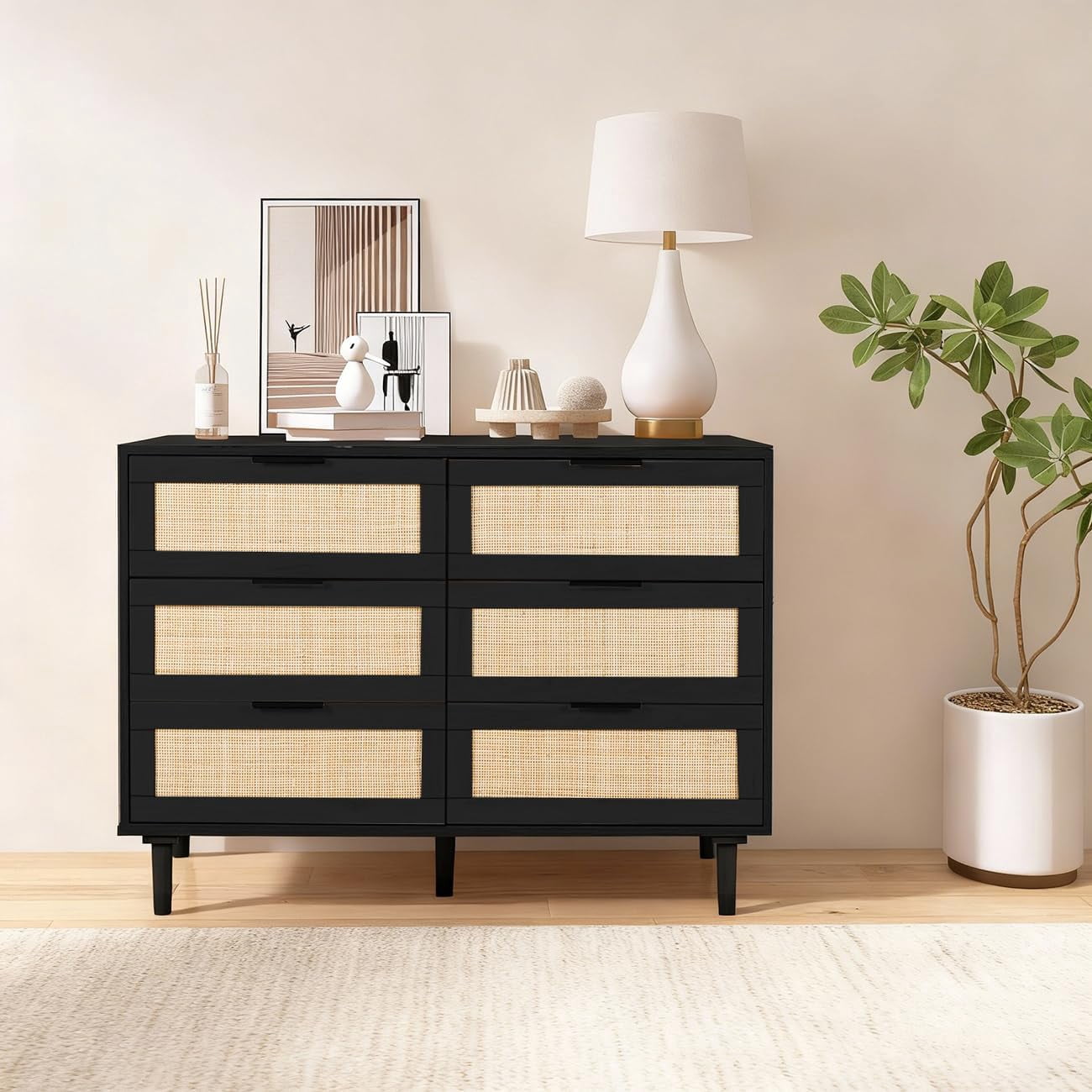 LAZZO 6-Drawer Rattan Dresser, Modern Chest of Drawers, Wooden Storage Organizer for Bedroom, Living Room & Hallway, Black