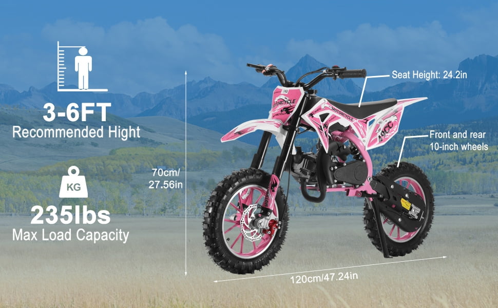 Pink 50cc Dirt Bike for Kids Girls, 2-Stroke Gas Powered Off-Road Motorcycle, Hydraulic Disc Brakes, 10" Tires, 330LBS Load, Youth Motocross Bike