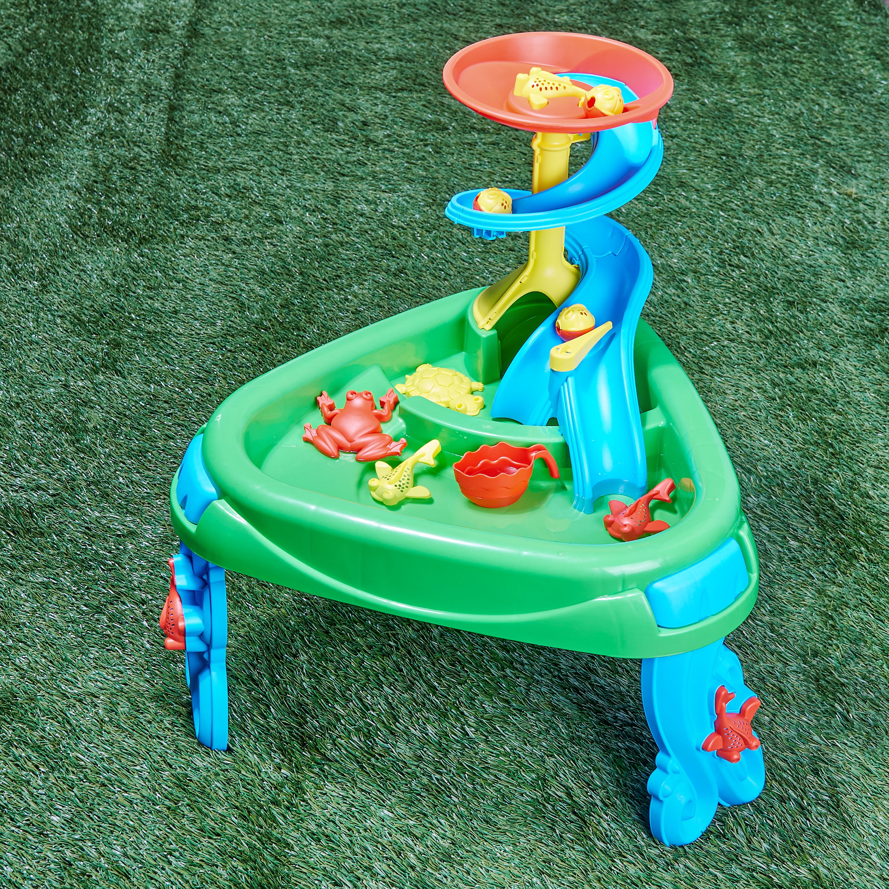 sand and water table with fish pond