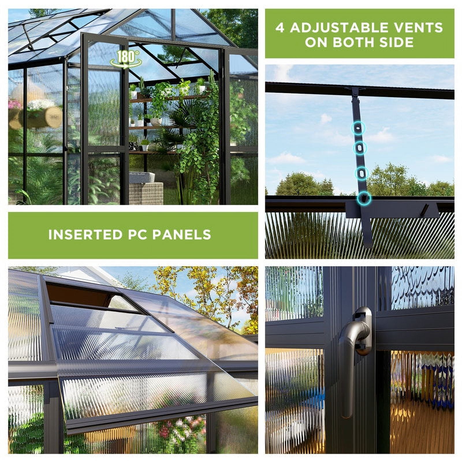 LUXOAK 8x10x7.5 ft Polycarbonate Greenhouse 2 Vents Double Swing Doors 5.2ft Added Wall Height, Black
