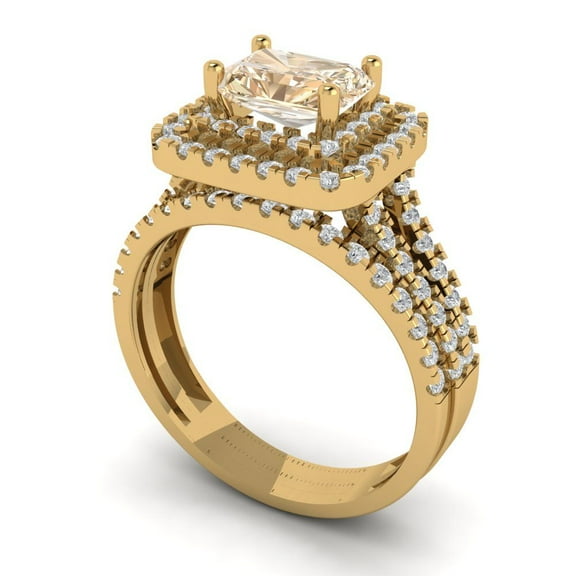 3.05ct Brilliant Emerald Cut Natural Morganite 18K Yellow Gold Halo Solitaire with Accents Engagement Bridal Wedding Ring Band Set size 7