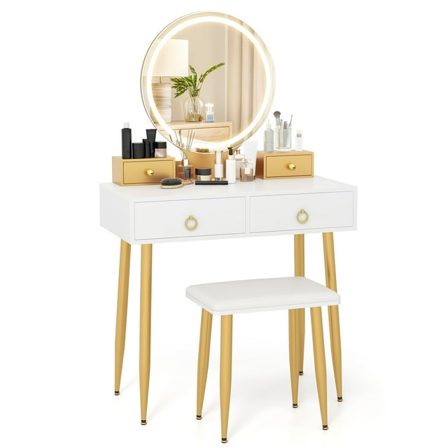Patiojoy Makeup Vanity Set Dressing Vanity Desk w/ Mirror & 3-Color Dimmable LED Lights White
