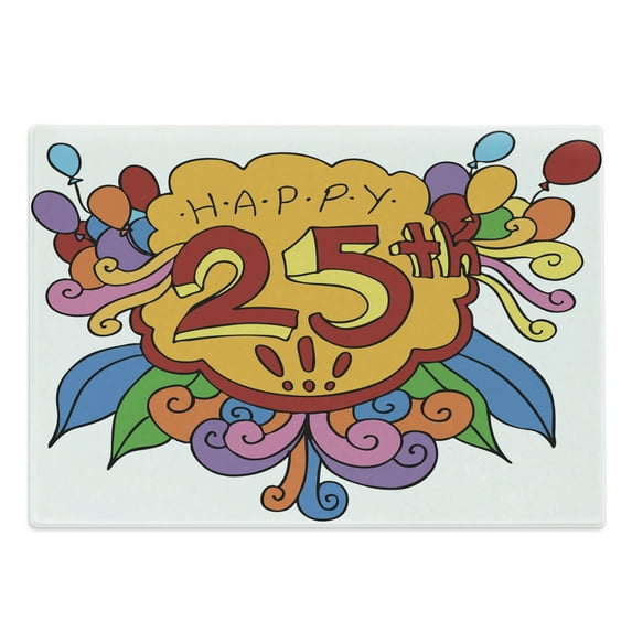 25th Birthday Cutting Board, Cartoon Styled Composition with Floral Details Swirls and Balloons Print, Decorative Tempered Glass Cutting and Serving Board, Large Size, Multicolor, by Ambesonne