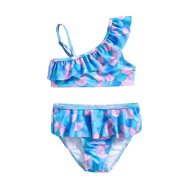 GPOECD Kids Shoulder Ruffled Fish Scale Print 2 Piece Bikini Set Bathing Suit Girls Swimsuits Blue,80