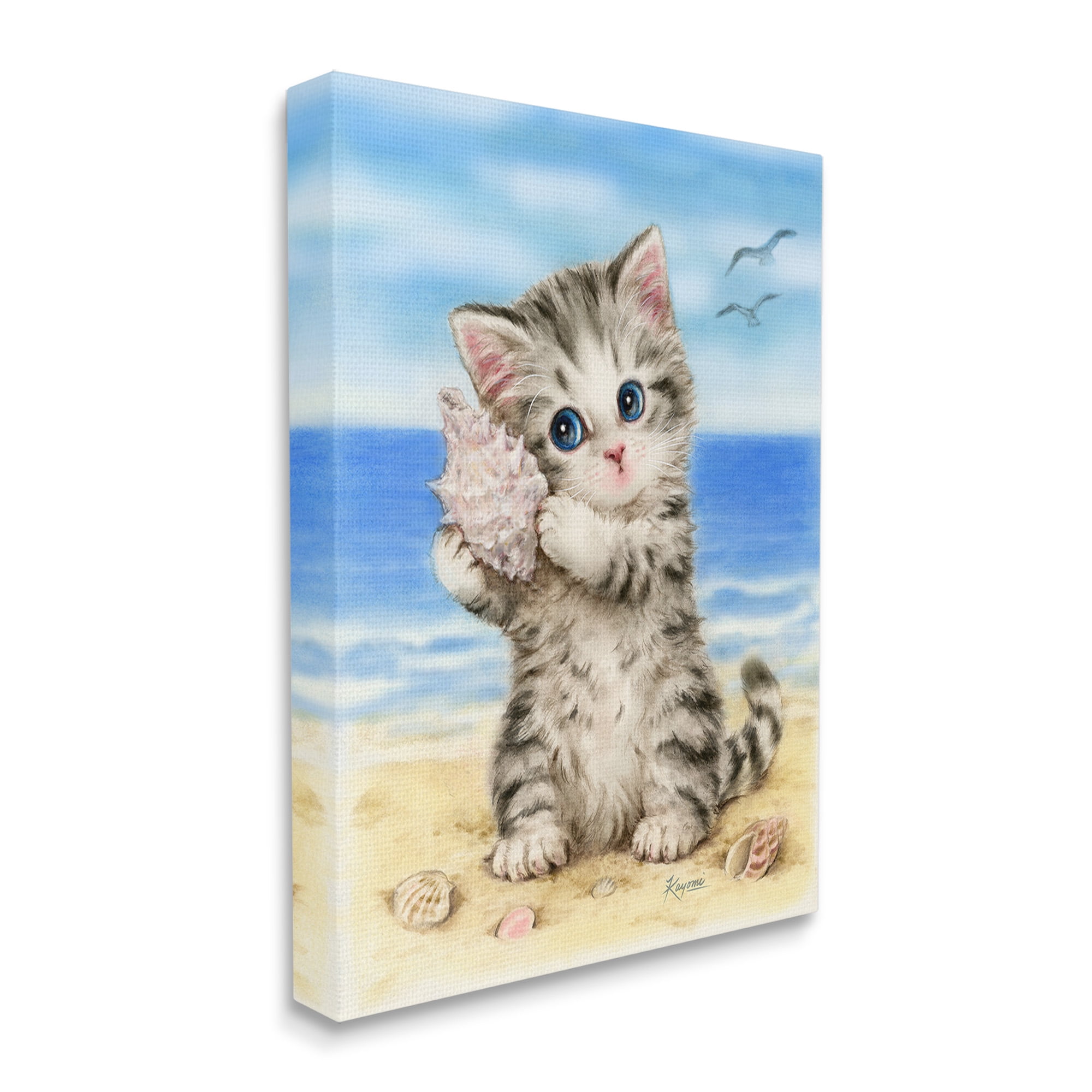 Stupell Industries Kitten with Conch Shell Animals & Insects Painting Gallery Wrapped Canvas Art Print Wall Art, 36 x 48
