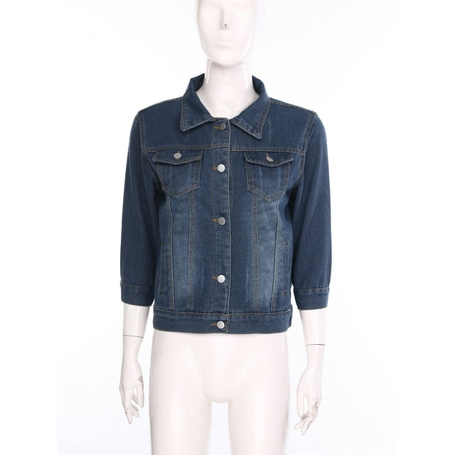 Sinleey Women's 3/4 Sleeve Denim Jacket Coat Basic Button Down Stretch Jacket with Pockets Dark Blue XXL
