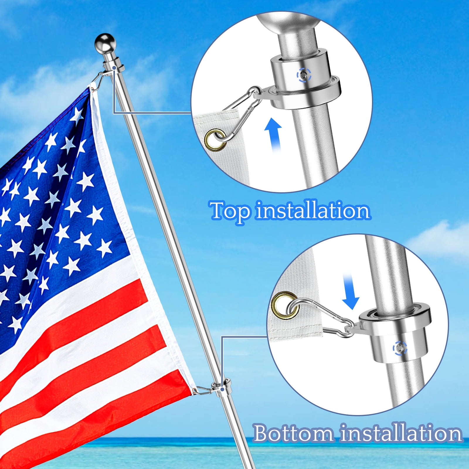 FIASON 2 Pack Flag Pole Rings,Silver Aluminum Alloy Flagpole Rings 360° Rotating Anti Wrap Mounting Ring with Colored Metal Clips for 0.75-1.00 Inch Diameter Flagpole