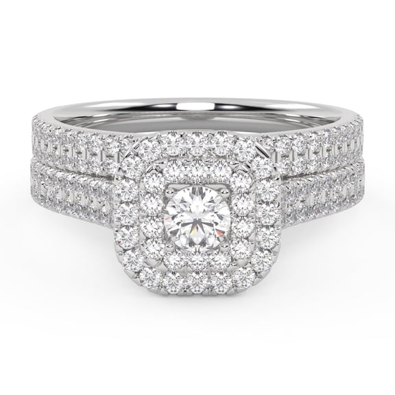 AFFY 2 Row Double Halo Bridal Set Ring for Women, 1.00 Carat (ctw) Round Cut Lab Grown Diamond Engagement Wedding Ring In 14K White Gold Over Sterling Silver F-G-H, SI Quality Ring Size-4