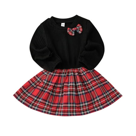 

Zlekejiko Toddler Kids Baby Girls Ribbed Long Sleeve Dress With Bowknot Patchwork Plaid Girl Dresses Sundress Princess Dresses