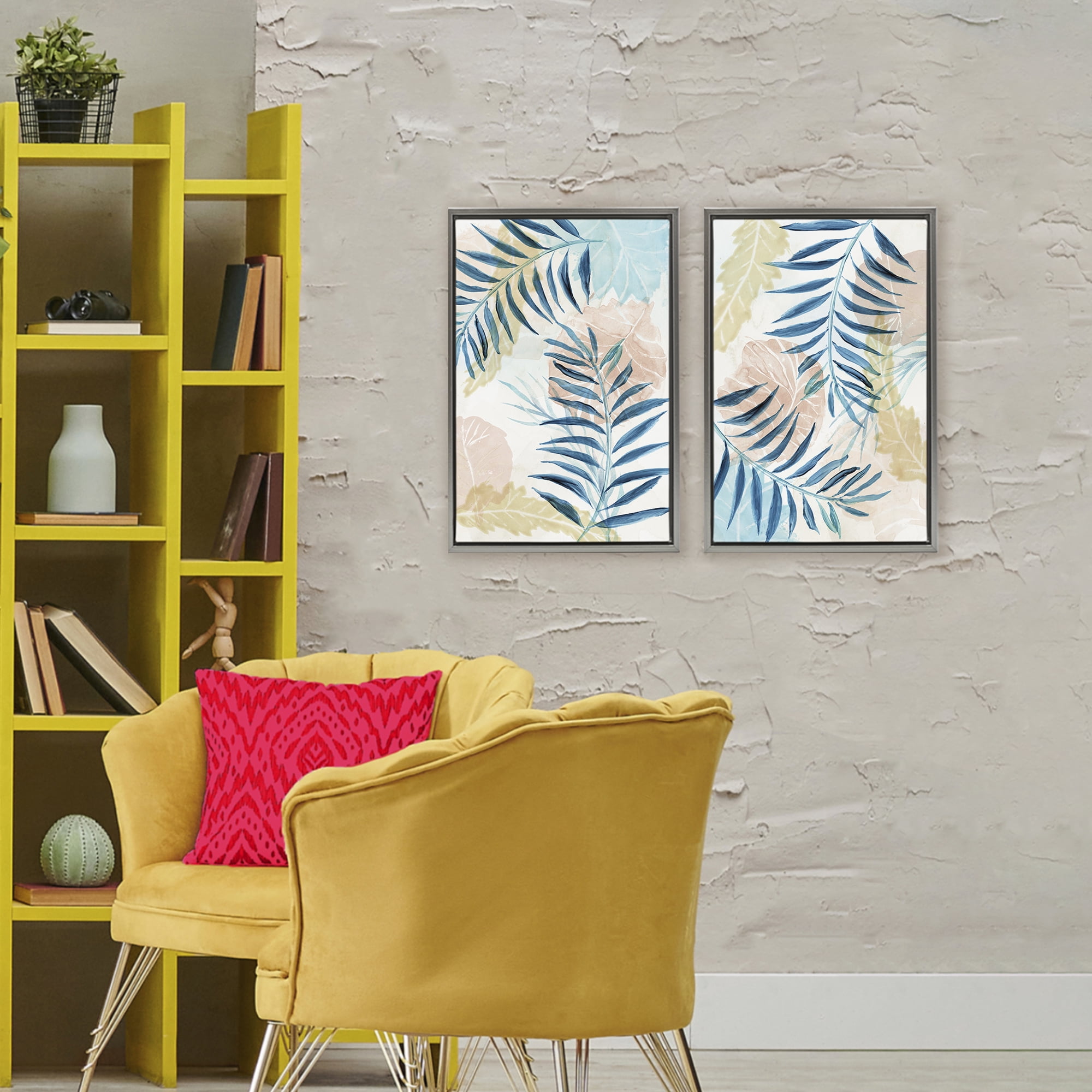Stupell Industries Pastel & Blue Palm Fronds 2 Piece Gray Framed Floater Canvas Set, design by Nan
