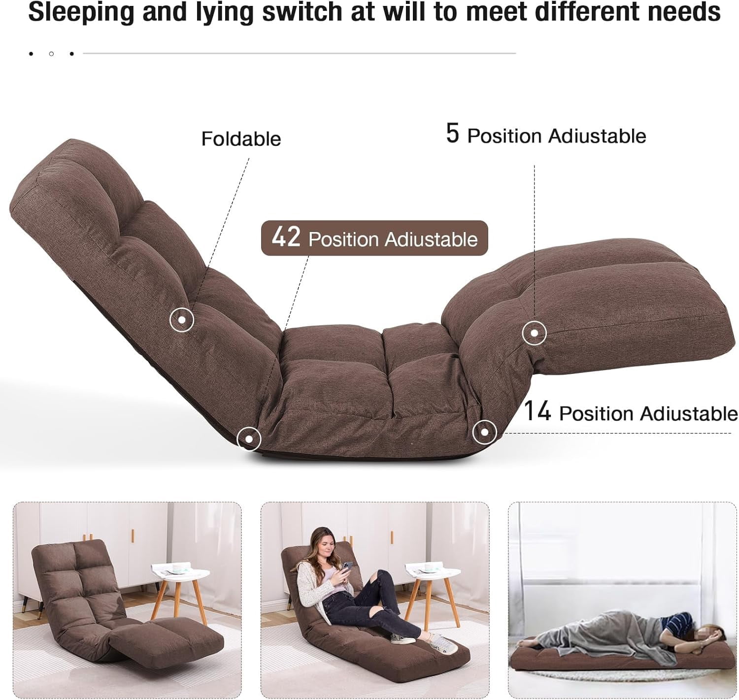 Floor Chair with Footrest Adjustable Backrest with 14 Positions Footrest 5-Position Adjustment Foldable Floor Gaming Chair for Easy Storage Linen Fabirc Chaise Lounge