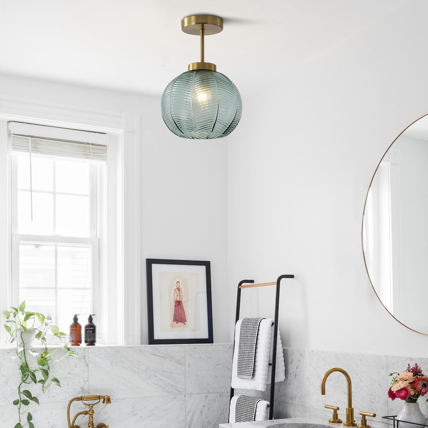 KCO Lighting Vintage Green Glass Flush Mount Ceiling Light Modern Brass Gold Semi Flush Mount Ceiling Lamp