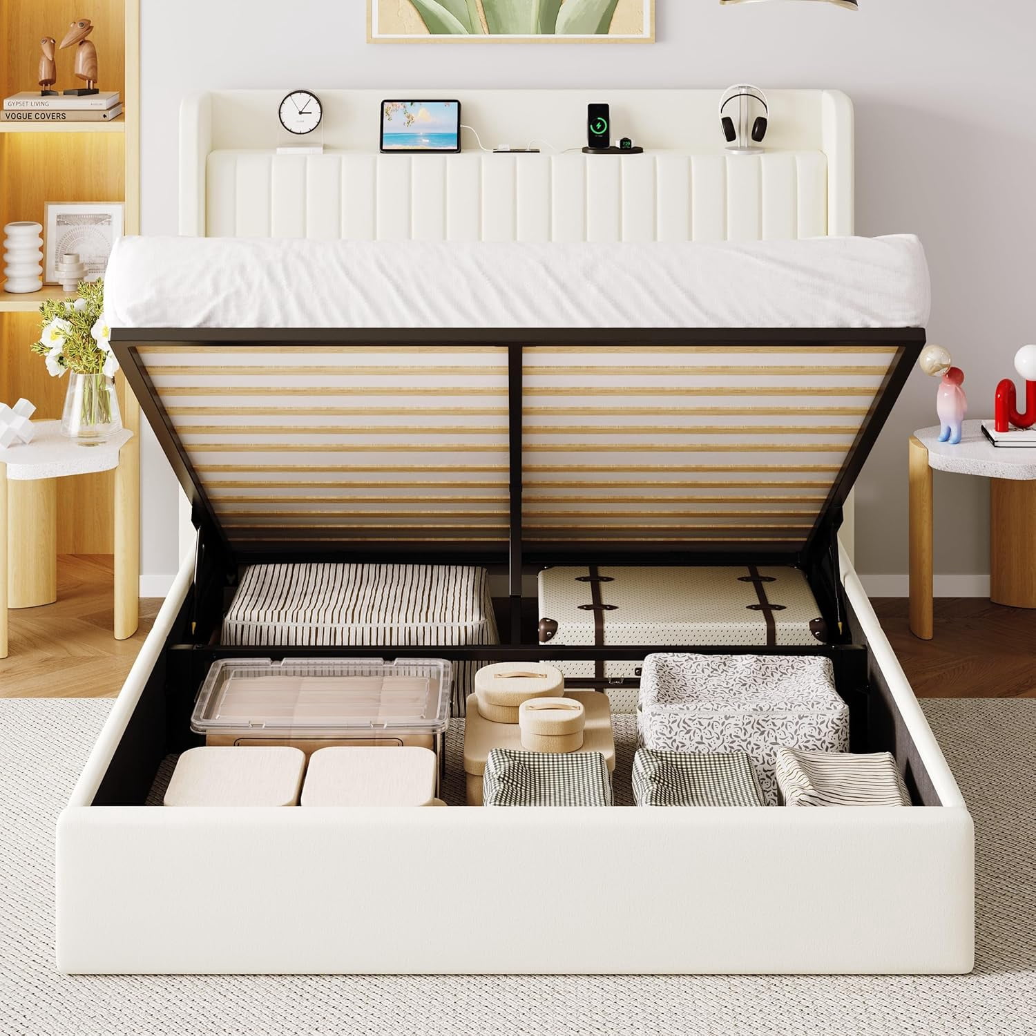 Allewie Full Size Lift Up Storage Bed Frame, Storage Shelf Headboard with Charging Station, Type-C and USB Ports, Hydraulic Support, Velvet Upholstered Bed Frame, No Box Spring Needed, Cream White