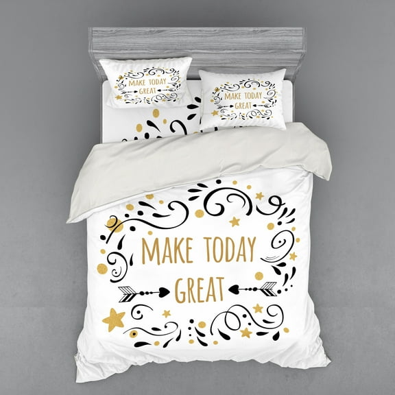 Saying Duvet Cover Set, Make Today Wording with Stars Dots and Swirls, Bedding Set with Shams and Fitted Sheet, 3 Sizes, by Ambesonne