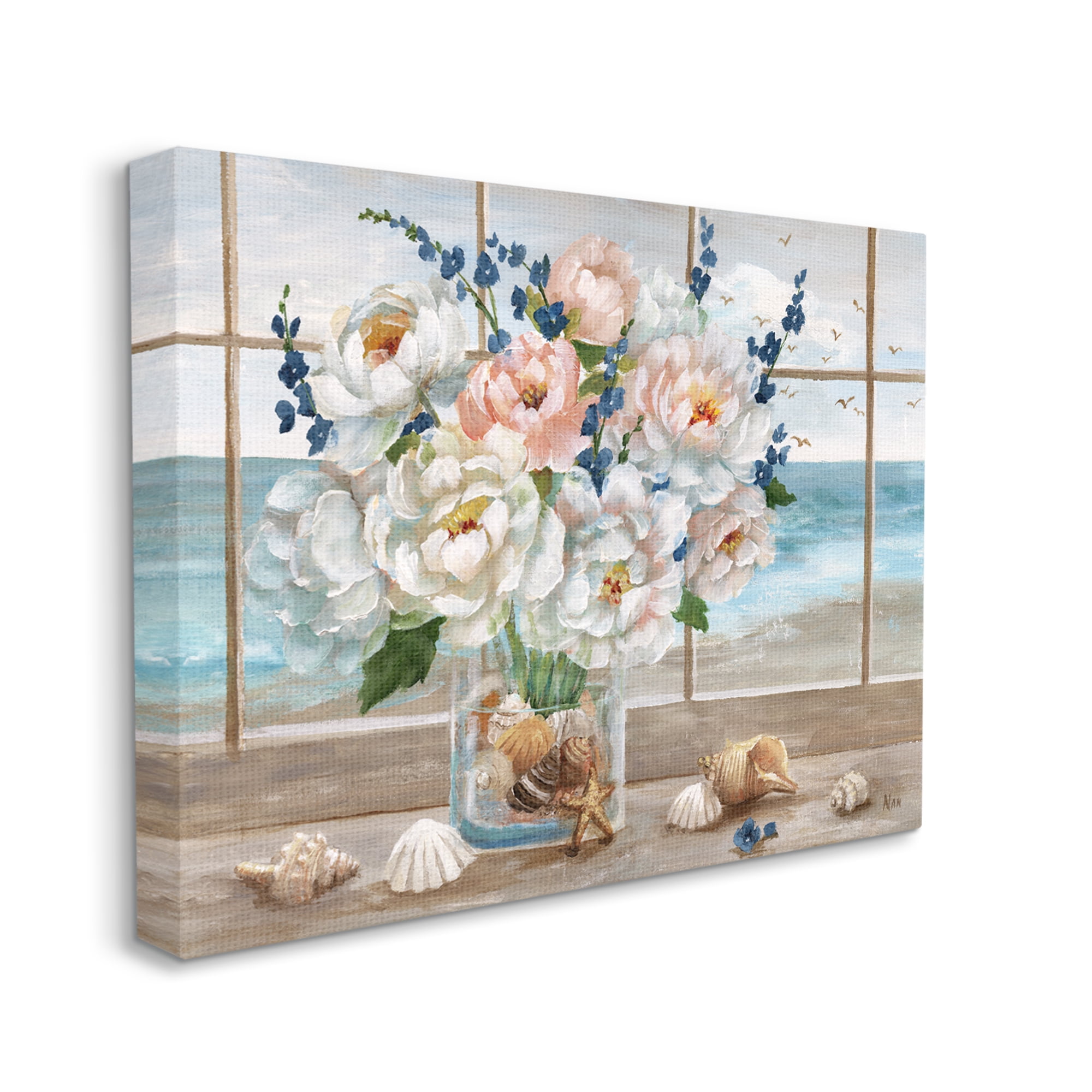 Stupell Industries Beautiful Seaside Peonies Bouquet Vase Beach Seashells, 48 x 36, Design by Nan