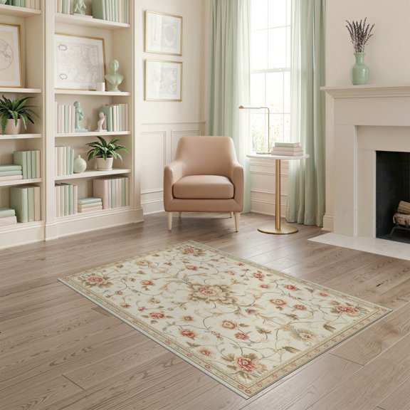 ODIKA Beige Vintage Farmhouse Botanical Scroll Border Pile Playroom Stain Resistant Low Profile for Dorm Room, Small Living Apartment