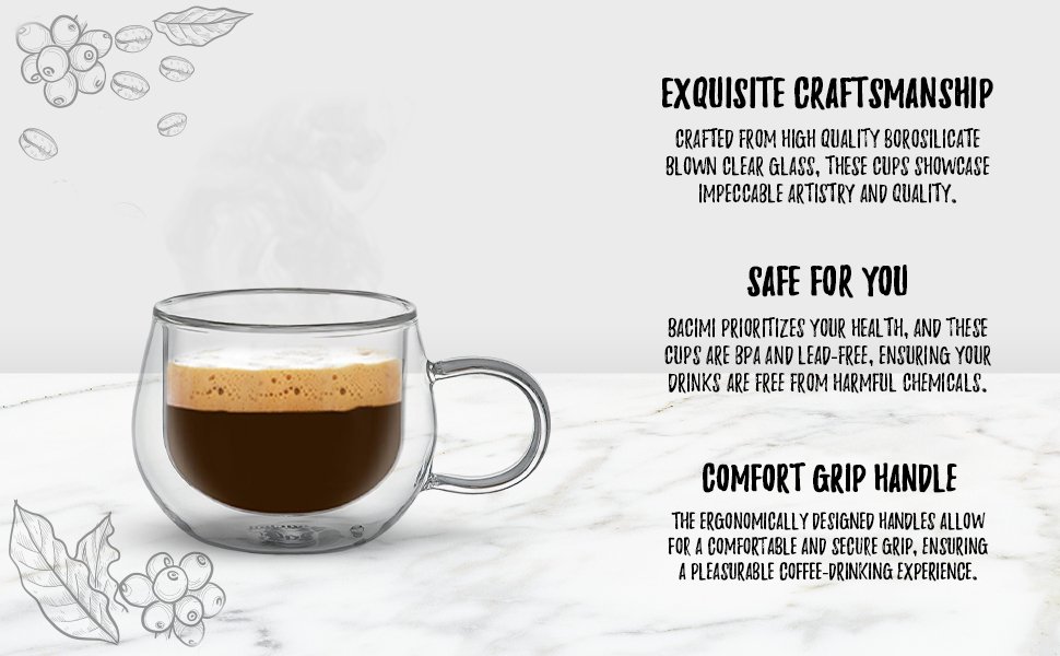Bacimi Double Wall Insulated Borosilicate Glass Espresso cups 3.5oz /100ml 4pack