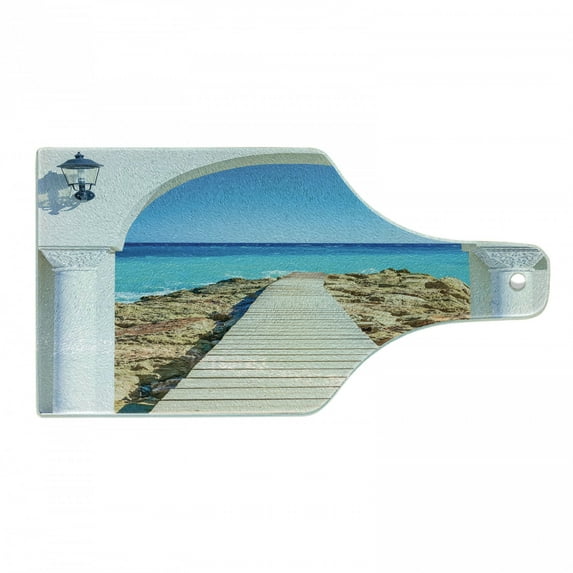 Coastal Cutting Board, View from an Open Window Curve on the Sea with a Quay Wooden Coastline, Decorative Tempered Glass Cutting and Serving Board, Wine Bottle Shape, Aqua Cream Blue, by Ambesonne