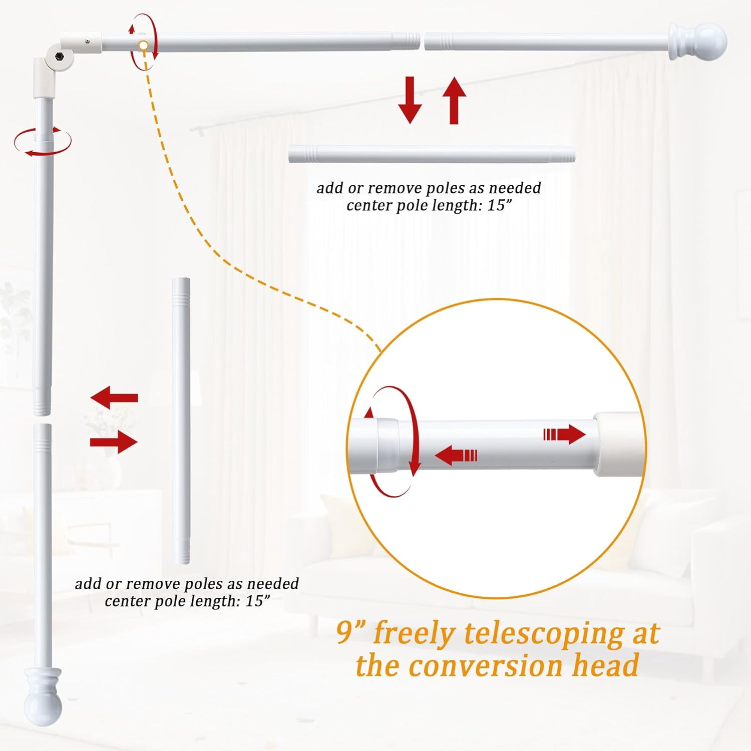 SOUMNS 1" White Bay Window Curtain Rods, 30" -136"Tecescoping Corner Curtain Rods（2 sides） for Bedroom