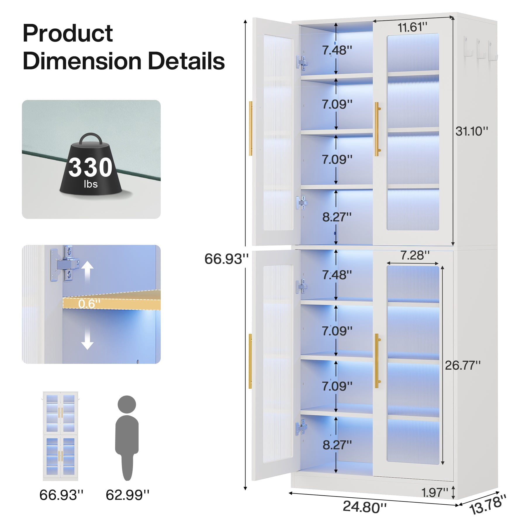 Fnova 66.93" Bookcase with Doors, 8 Tier Storage Cabinet with LED Lights for Living Room, Bedroom, Study, White
