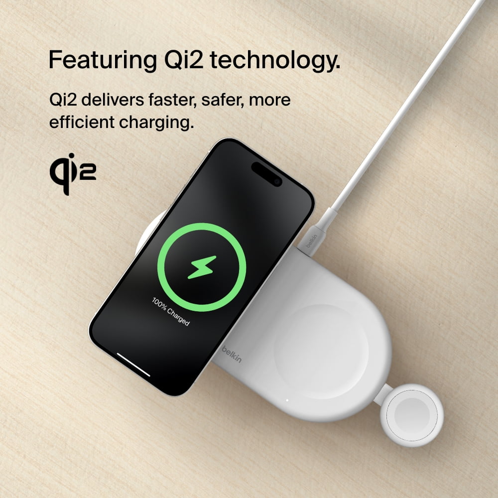 Belkin BoostCharge Pro 3-in-1 MagSafe-Compatible Wireless Charging Pad with Qi2 15W, Fast Charging iPhone Charger, Compatible with iPhone 15, 14, and 13 Series, AirPods, Apple Watch, & More - White