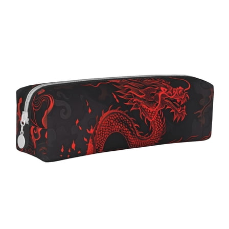 Haiem Red Dragon On Black Print Leather Pencil Case Art Supplies Case Zipper Pencil Pouch Stationery Storage Pencil Bag