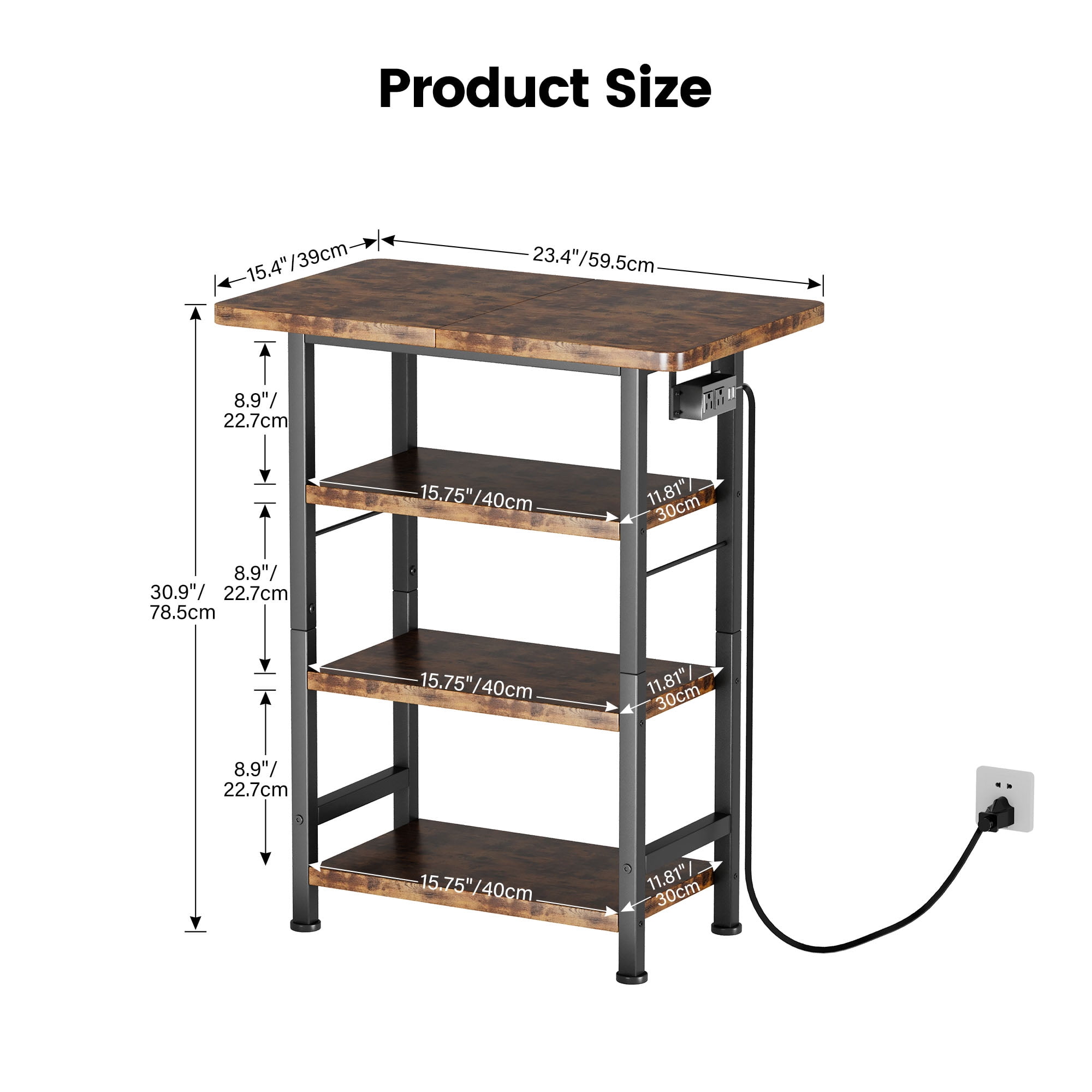 Homeiju 4-Tier AV Media Stand with Power Outlet, Wooden Record Player Stand, Entertainment Center with Storage Shelves, Stereo Stand DVD Stand for Bedroom, Living Room, Brown