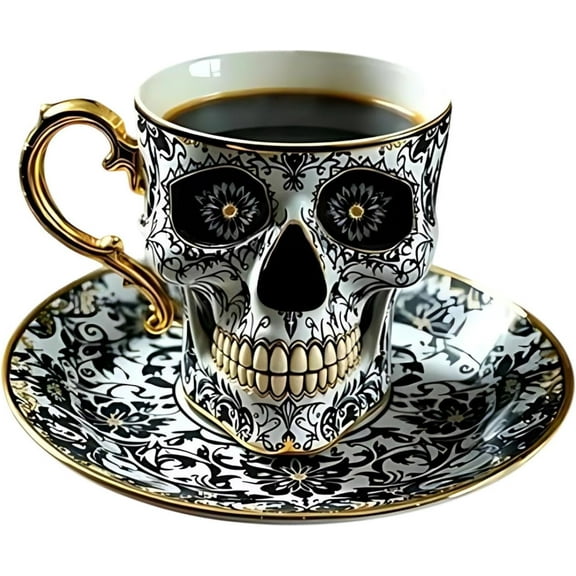 Skull Coffee Mug with Saucer Set – Gothic Porcelain Tea Cup with Gold Trim – Halloween Ceramic Mug for Coffee, Tea & Drinks – Spooky Cup for Horror Decor & Unique Gifts for Skull Lovers