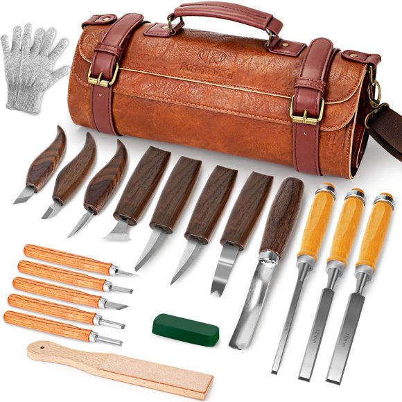 Kit de tallado en madera K KERNOWO, 20 piezas, con bolsa de almacenamiento de cuero