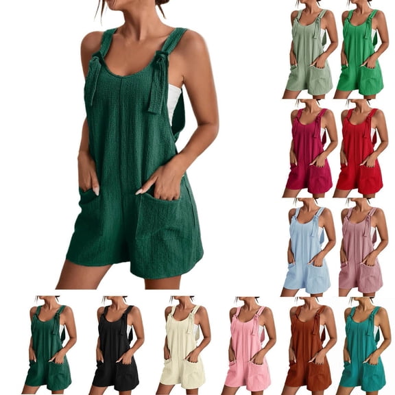 Women's Tie Shoulder Jumpsuit, Adjustable Overalls Shorts with Pocket, Loose Fit Denim Romper for Beach, Vacation, Casual Wear and Summer Outfits-Beige