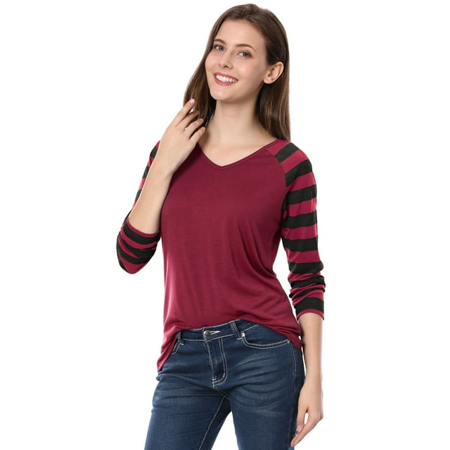 Unique Bargains T-shirt Raglan à Rayures à Manches Longues à Col en V pour Femmes