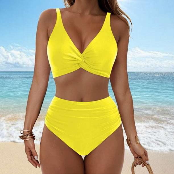 Traje de baño de bikini liso sin mangas para mujer, traje de baño push-up acolchado, conjuntos de blusa de traje de baño de poliéster para mujer
