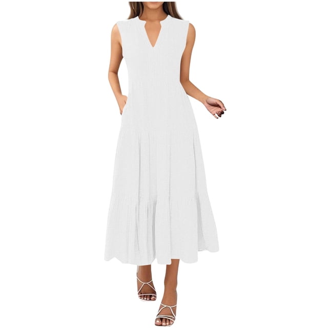Cinvoph Robes d'Été Décontractées pour Femmes Sans Manches Col en V Robes d'Été à Volants Amples Plissées Fluides Plage Vacances Longue Robe