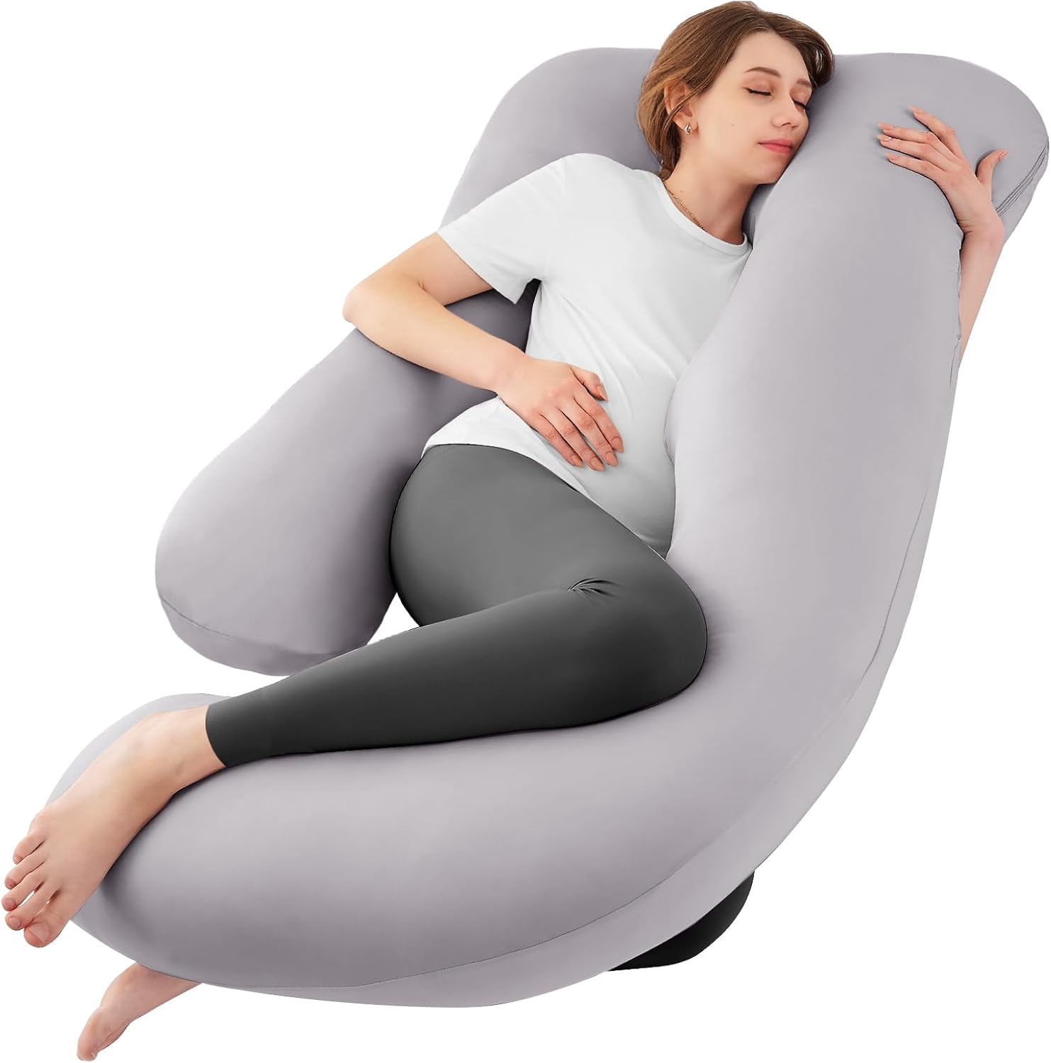 Cooling U Shaped Pregnancy Pillow Full Body Maternity Support with Removable Cover Light Grey Essential Comfort Sleep Aid