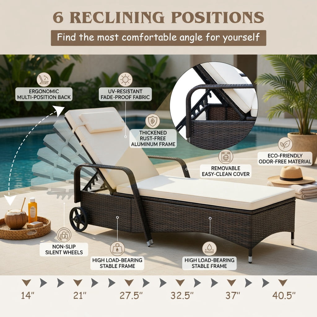 Hommoo Adjustable Outdoor Reclining Chaise Lounge Chair with Cushioned Seat, PE Rattan & Steel Frame, for Pool, Patio, Garden & Balcony, White