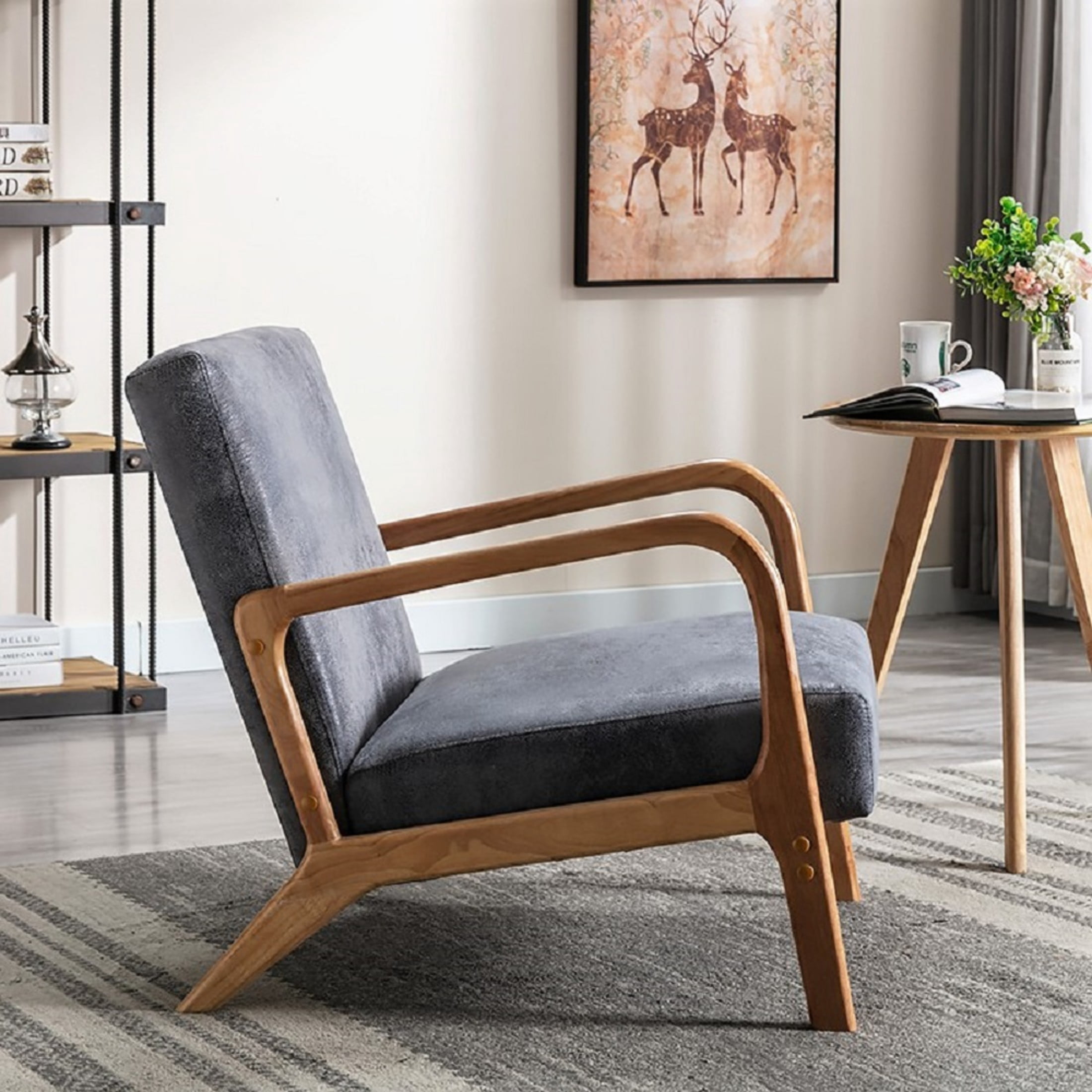 GDF Studio 32.7" Mid-Century Modern Accent Chair with Open Wood Frame, Microfiber Upholstery, Light Gray