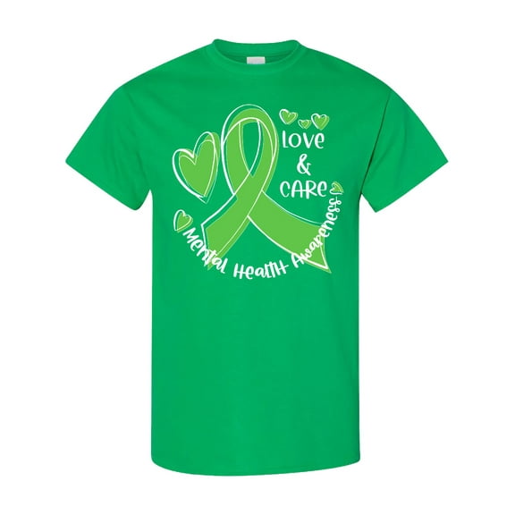 Inktastic Love and Care Mental Health Awareness Green Ribbon T-Shirt