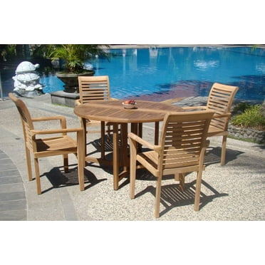 Teak Dining Set:4 Seater 5 Pc - 52" Round Table And 4 Stacking Leveb Arm Chairs Outdoor Patio ...