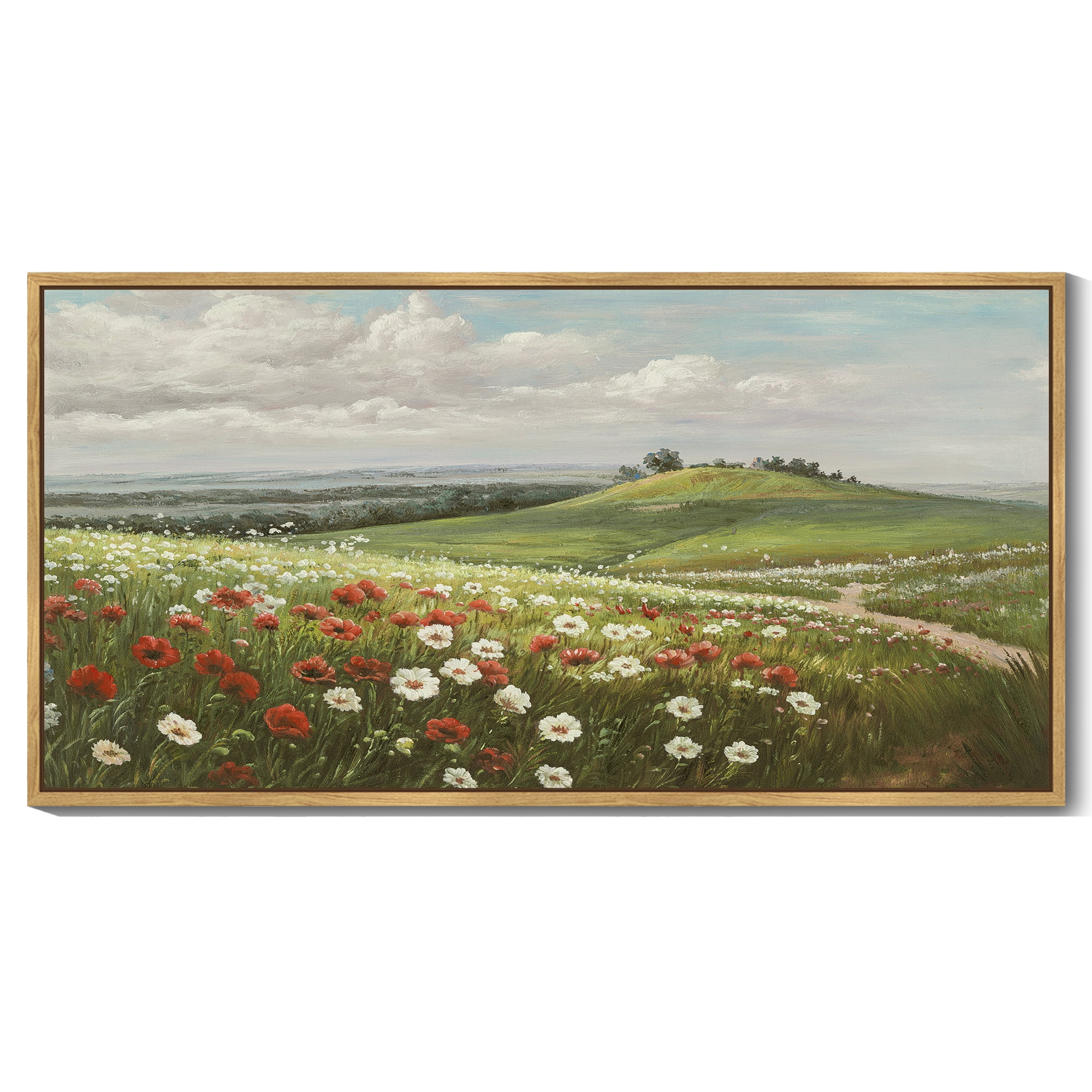 Drsoum Vintage Landscape Wall Art Grassland Meadow Wildflower Field Wall Prints Classic Retro Farmhouse Rustic Decorations for Living Room Bedroom 8x16in Natural Framed