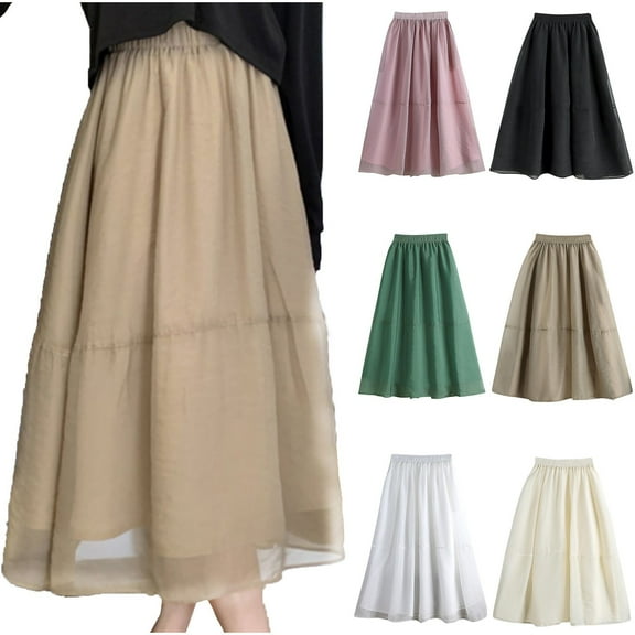 USSUMA Skirts for Women Trendy Summer Midi Skirt Solid Color High Waist Pocket Mid-Calf Skirt Splicing Leisure Skirts Comfortable Skirts Birthday Beige Skirt for Women Free Size