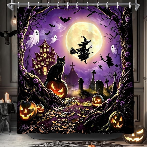 Dark Purple Halloween Shower Curtain Flying Witch Black Cat Graveyard Bath Curtain Spooky Gothic Bathroom Decor 72 x 72 Inches