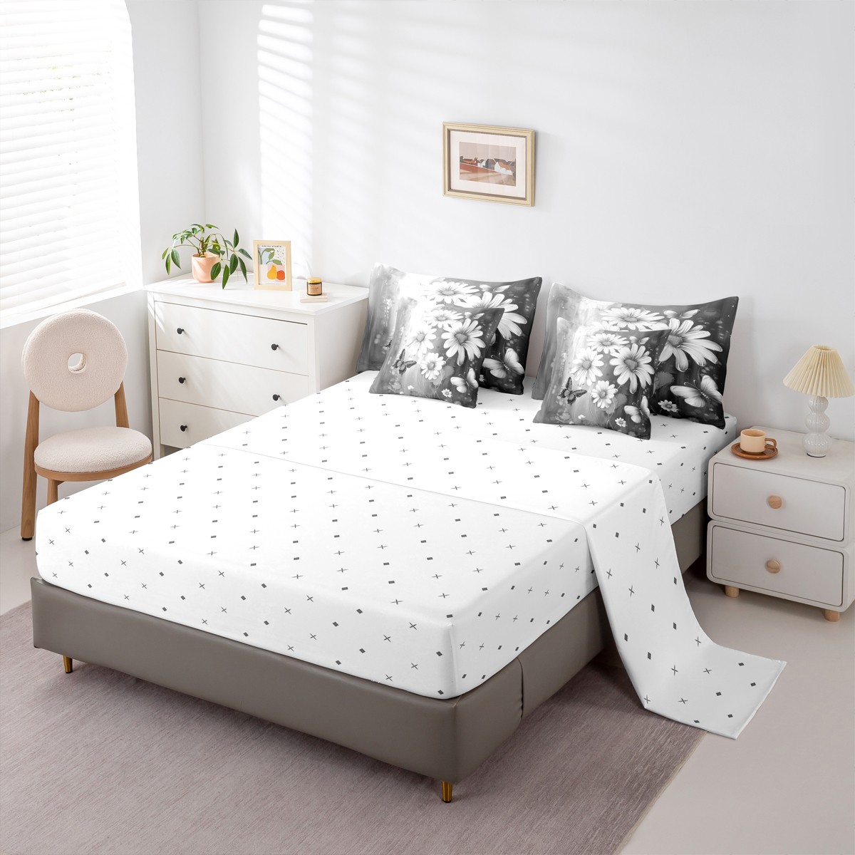 Homewish Rustic Flower Floral 7-Piece Bedding Comforter Set,Oil Painting Artistic King Bedding Sets,Gray White Bed Sheets For Gir Kids,Super Cozy Room Decor Reversible